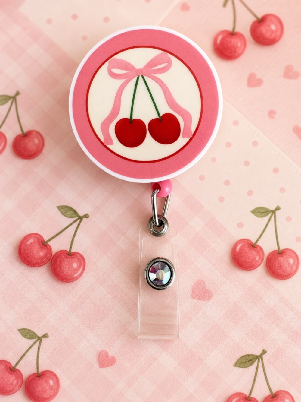 Handmade Pink Bow Cherry Id Badge
